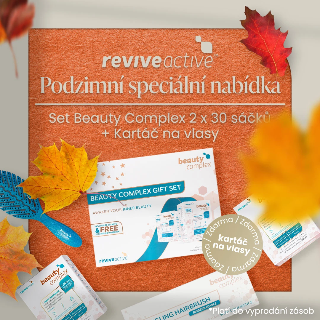 Podzimní akce Revive Active – 2 x Beauty Complex 30 sáčků s kartáčem na vlasy za zvýhodněnou cenu. Platí do vyprodání zásob. 